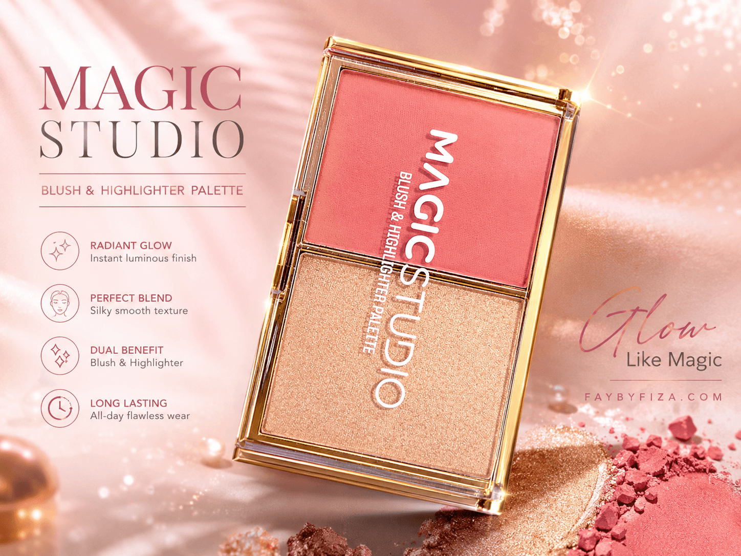 MAGICSTUDIO Blush & Highlighter Palette – Compact Glow On the Go - Image 1